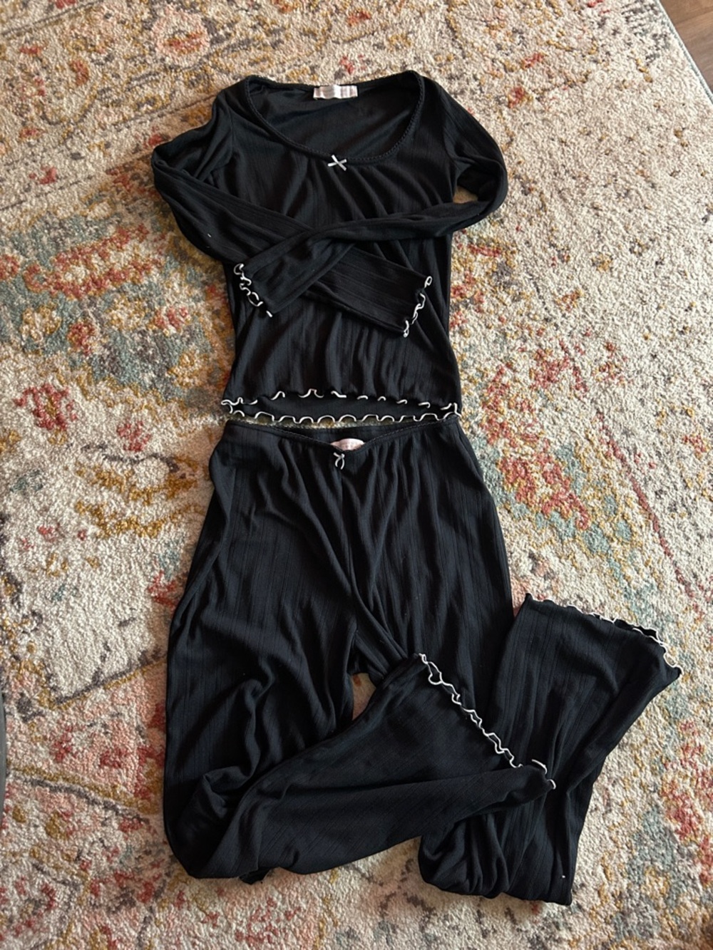 Abercrombie & Fitch Black Pajama Set with White Lettuce Trim